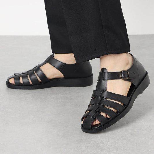 ITALICO 国産 徳島レザー 牛革 サンダル ドライビング グルカサンダル メッシュ 日本製 (1116 ブラック)