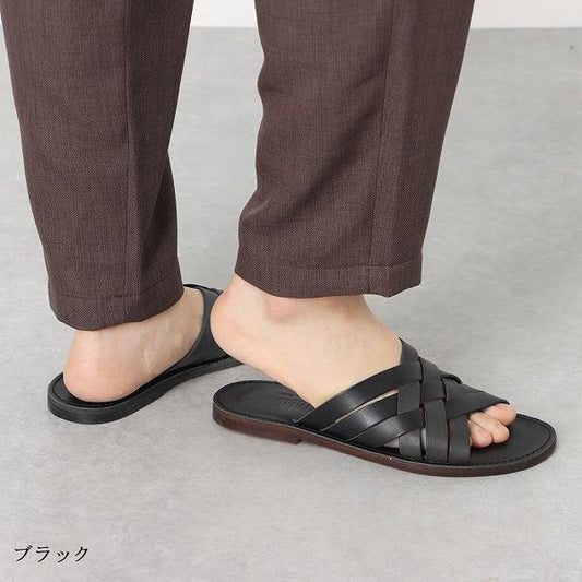 ITALICO 国産 徳島レザー牛革 サンダル メッシュ ビーチ 日本製 本革 (12it12 ブラック)