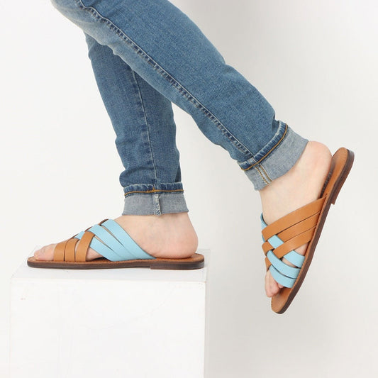 ITALICO 国産 徳島レザー牛革 サンダル メッシュ ビーチ 日本製 本革 (12it12 キャメル×ブルー)