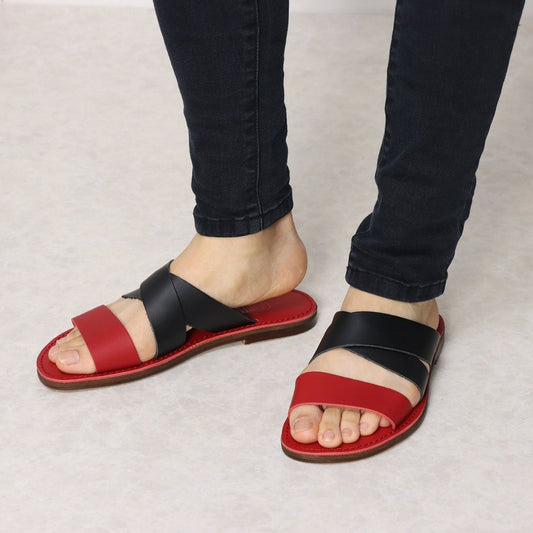 ITALICO 徳島レザー  ダブルベルト フラット サンダル メンズサンダル (14it17 ブラック×レッド)