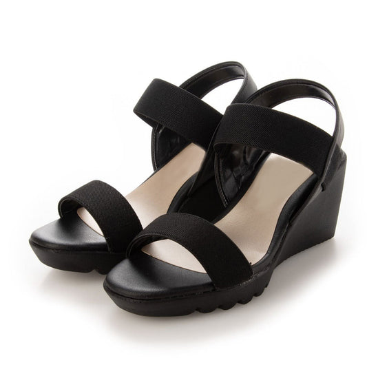 ゴムフィットサンダル レディース ストラップ 日本製 ナースダンサル 厚底 ゴムベルト ウェッジ コンフォートシューズ 低反発 (92IT308 ブラック)