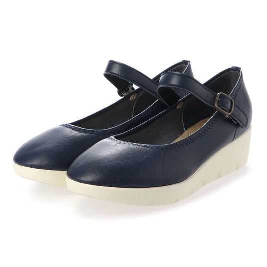 パンプス レディース 4E 日本製 厚底 ワンストラップ 大きいサイズ 痛くない ウェッジソール (NEW823W ネイビー)