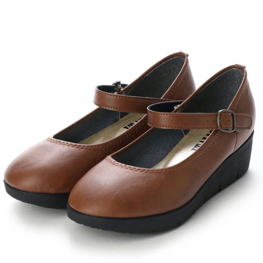 パンプス レディース 4E 日本製 厚底 ワンストラップ 大きいサイズ 痛くない ウェッジソール (NEW823W ブラウン)