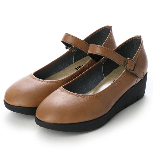 パンプス レディース 4E 日本製 厚底 ワンストラップ 大きいサイズ 痛くない ウェッジソール (NEW823W キャメル)