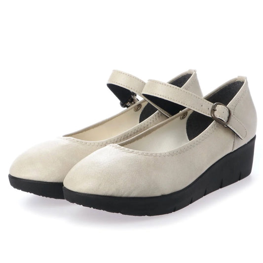 パンプス レディース 4E 日本製 厚底 ワンストラップ 大きいサイズ 痛くない ウェッジソール (NEW823W アイボリー)