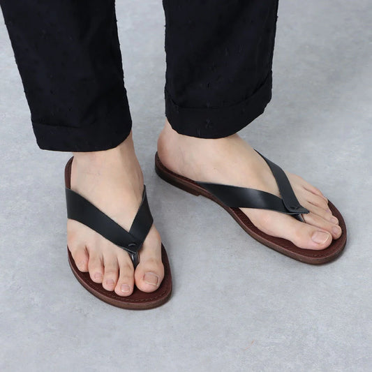 ITALICO 国産 徳島レザー牛革 サンダル トング ビーチ 日本製 本革 (12it03 ブラック×ダークブラウン)