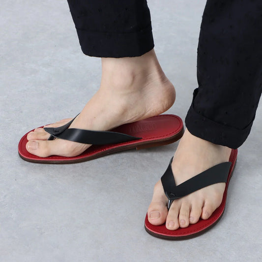 ITALICO 国産 徳島レザー牛革 サンダル トング ビーチ 日本製 本革 (12it03 ブラック/レッド)