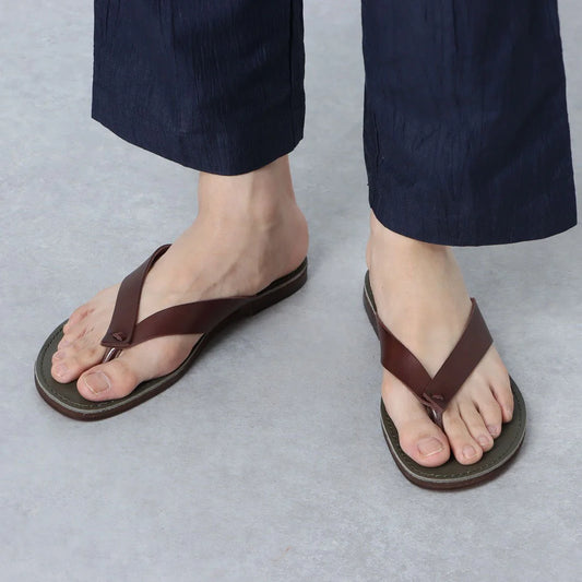 ITALICO 国産 徳島レザー牛革 サンダル トング ビーチ 日本製 本革 (12it03 ダークブラウン×カーキ)