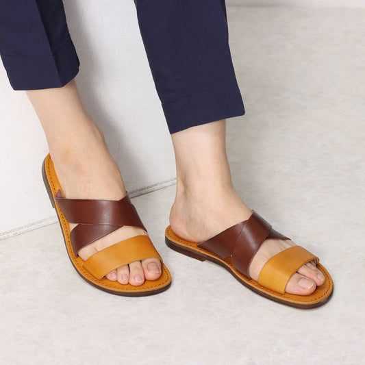 ITALICO 徳島レザー  ダブルベルト フラット サンダル メンズサンダル (14it17 ダークブラウン×キャメル)