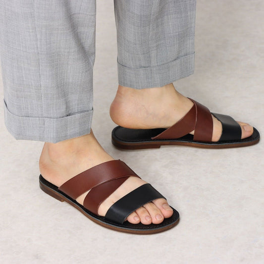 ITALICO 徳島レザー  ダブルベルト フラット サンダル メンズサンダル (14it17 ダークブラウン×ブラック)