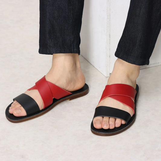 ITALICO 徳島レザー  ダブルベルト フラット サンダル メンズサンダル (14it17 レッド✖️ブラック)