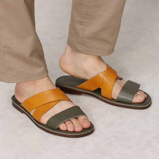 ITALICO 徳島レザー  ダブルベルト フラット サンダル メンズサンダル (14it17 キャメル×カーキ)