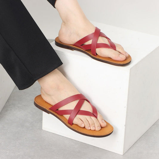 ITALICO 国産 徳島レザー牛革 サンダル トング ビーチ 日本製 本革 (12it04 キャメル×レッド)