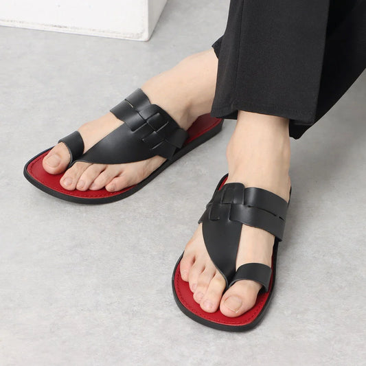 ITALICO 国産 徳島レザー牛革 サンダル トング ビーチ 日本製 本革 (10it59 ブラック×レッド)