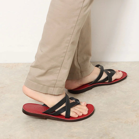 ITALICO 国産 徳島レザー牛革 サンダル トング ビーチ 日本製 本革 (12it04 ブラック×レッド)