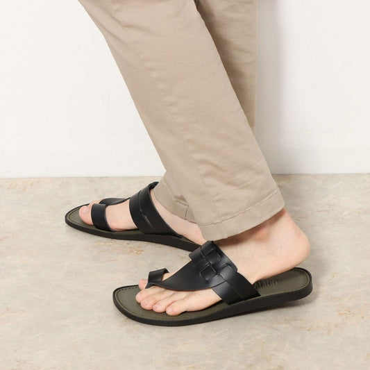 ITALICO 国産 徳島レザー牛革 サンダル トング ビーチ 日本製 本革 (10it59 ブラック×カーキ)