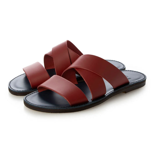 ITALICO 徳島レザー  ダブルベルト フラット サンダル メンズサンダル (14it17 bレッド×ネイビー)