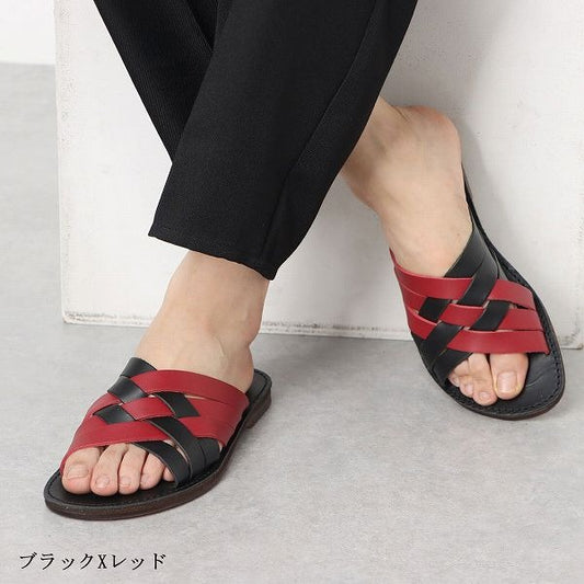 ITALICO 国産 徳島レザー牛革 サンダル メッシュ ビーチ 日本製 本革 (12it12 レッド×ブラック)